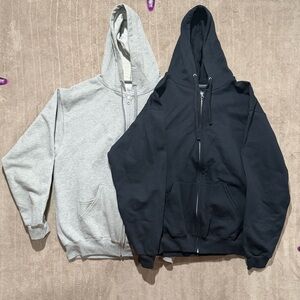 2 Fruit of the Loom Mens Large Classic Zip-Up Hoodies Sweatshirts Black Gray Y2K